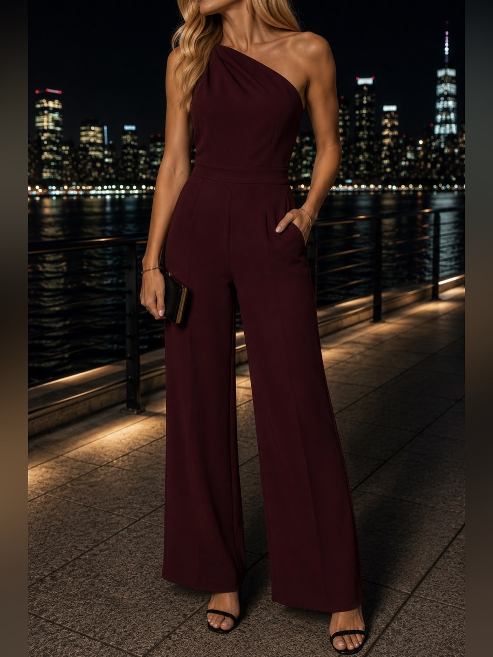 SHEIN One-Shoulder Wide-Leg Jumpsuit in Burgundy